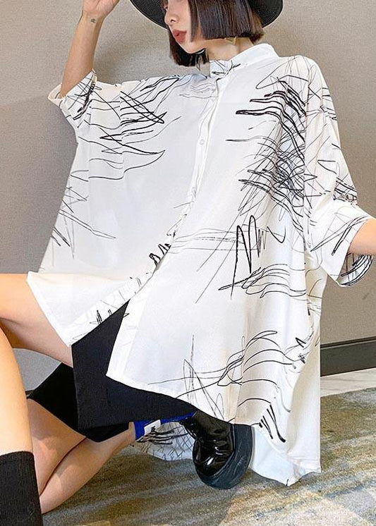 White Print Button Low High Design Cotton Blouses