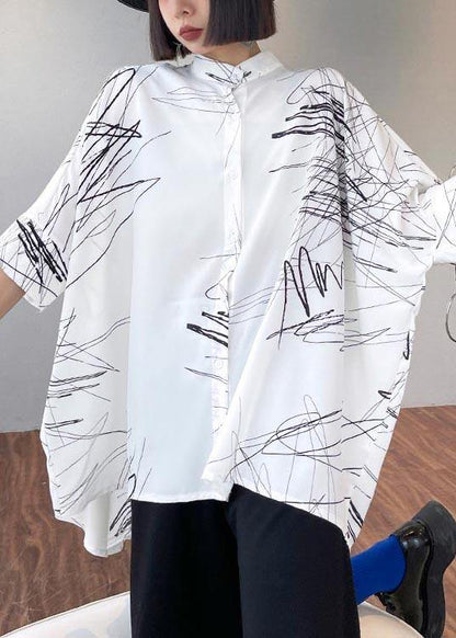 White Print Button Low High Design Cotton Blouses