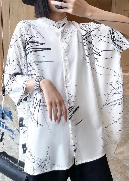 White Print Button Low High Design Cotton Blouses