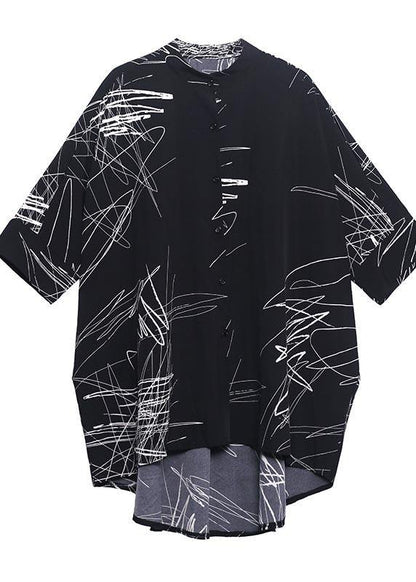 White Print Button Low High Design Cotton Blouses