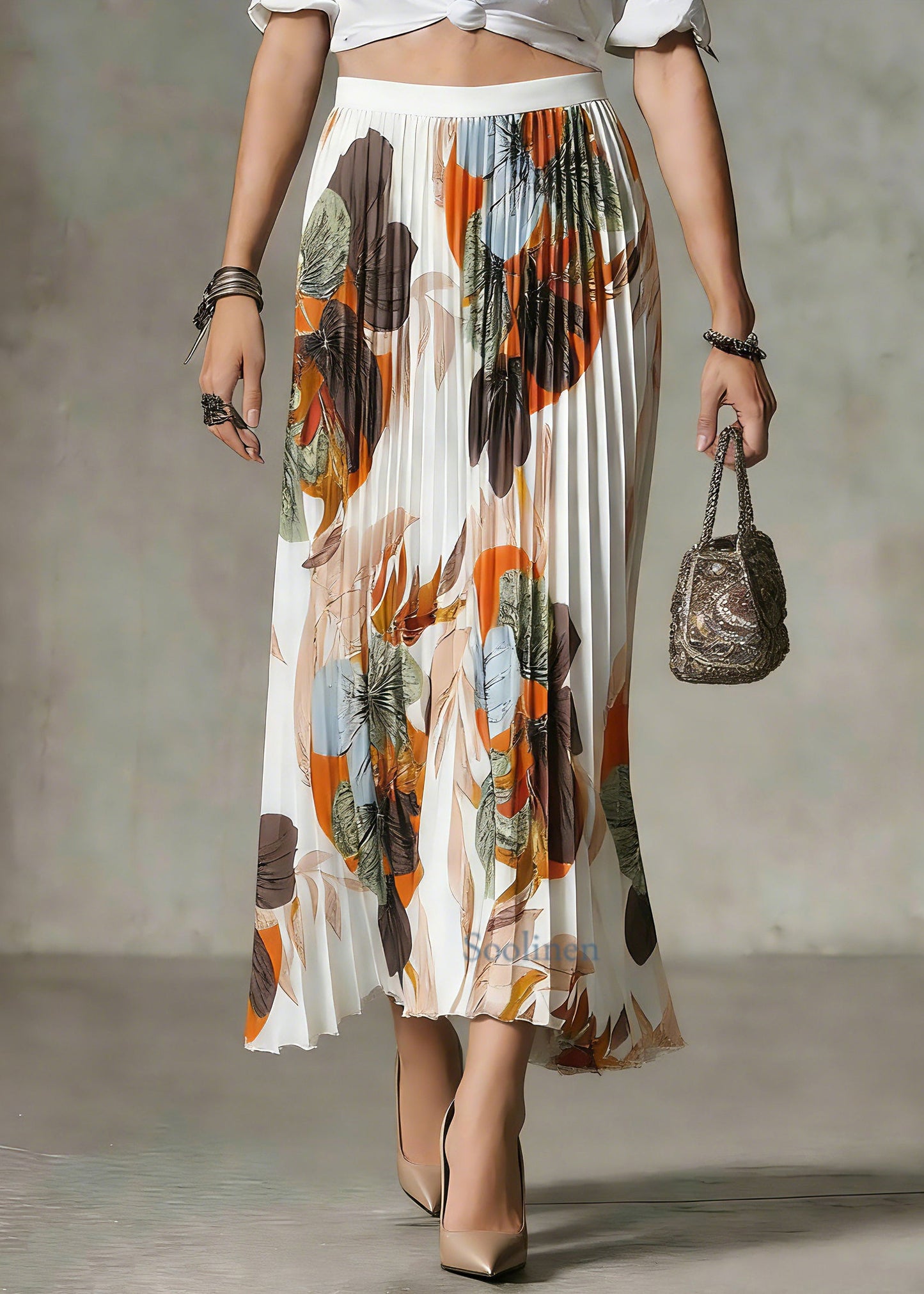 White Print Patchwork Maxi Skirt