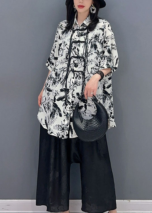 White Print Tasseled Patchwork Chiffon Shirt Top Summer