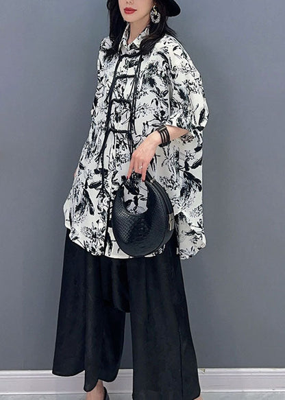 White Print Tasseled Patchwork Chiffon Shirt Top Summer