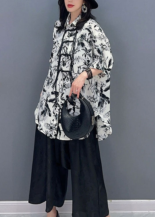 White Print Tasseled Patchwork Chiffon Shirt Top Summer