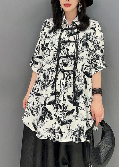 White Print Tasseled Patchwork Chiffon Shirt Top Summer