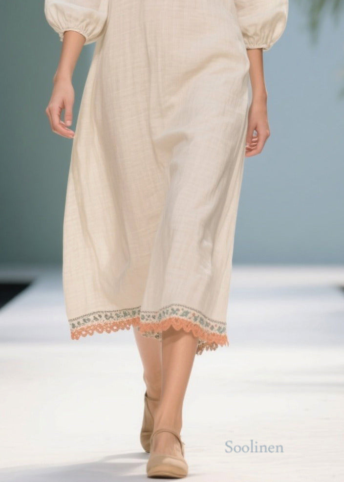 White Puff Sleeve Patchwork Linen Dresses