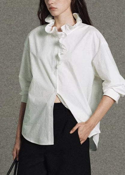 Plus Size White Ruffled Cotton Shirt Top Spring