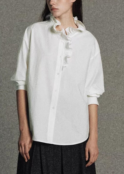 Plus Size White Ruffled Cotton Shirt Top Spring