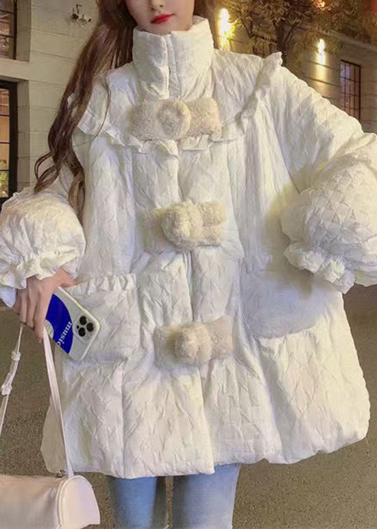 White Ruffled Pockets Patchwork Fine Cotton Filled Coats Winter