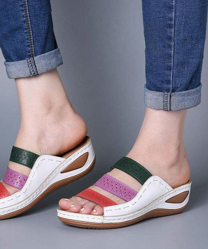 White Slide Sandals Wedge Faux Leather Simple Splicing