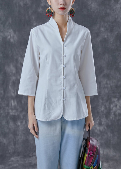 White Stand Collar Button Cotton Shirt Tops Bracelet Sleeve