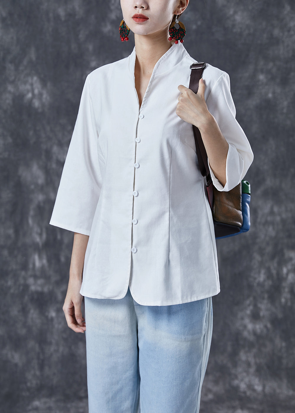 White Stand Collar Button Cotton Shirt Tops Bracelet Sleeve