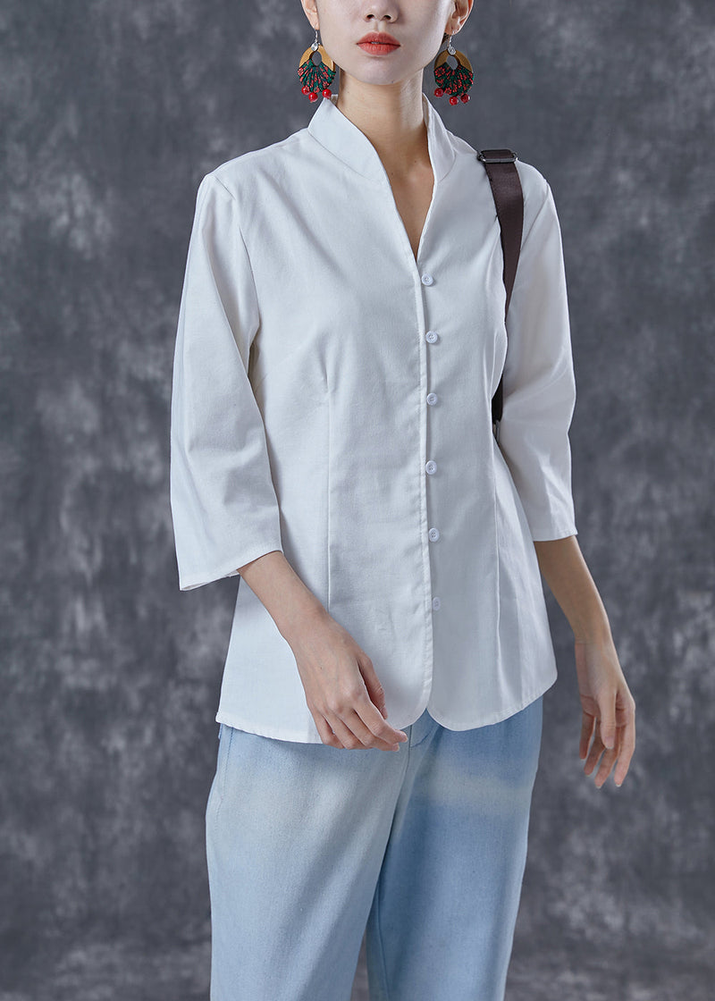 White Stand Collar Button Cotton Shirt Tops Bracelet Sleeve