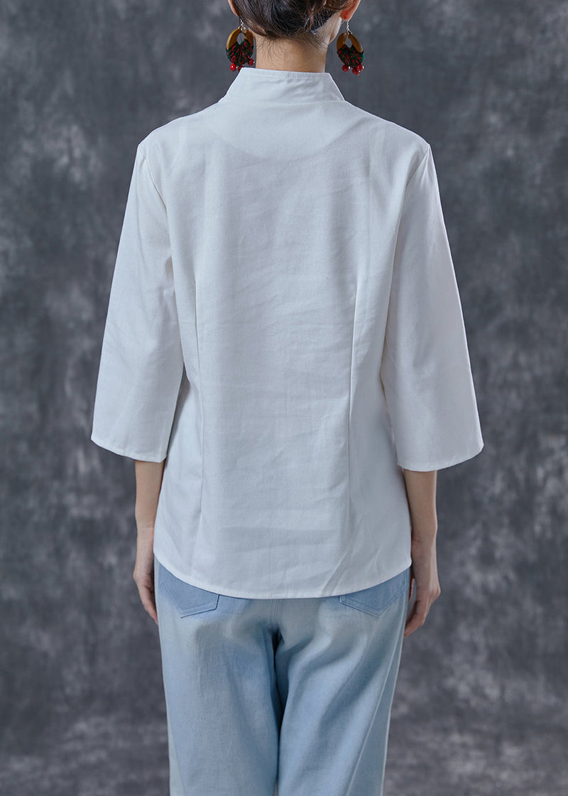 White Stand Collar Button Cotton Shirt Tops Bracelet Sleeve
