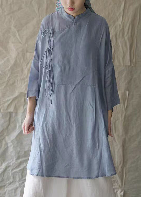 White Stand Collar Lace Up Cotton Shirt Dress Bracelet Sleeve