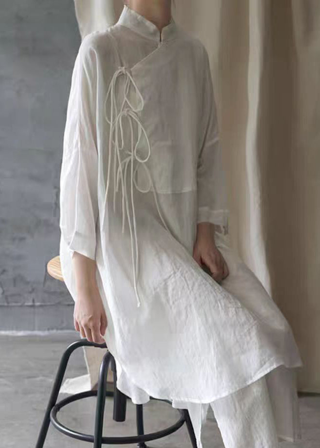 White Stand Collar Lace Up Cotton Shirt Dress Bracelet Sleeve