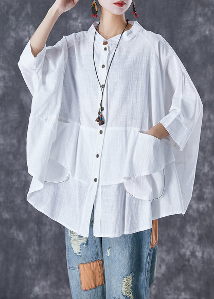 Gray-camouflage Stand Collar Patchwork Linen Shirt Tops Batwing Sleeve
