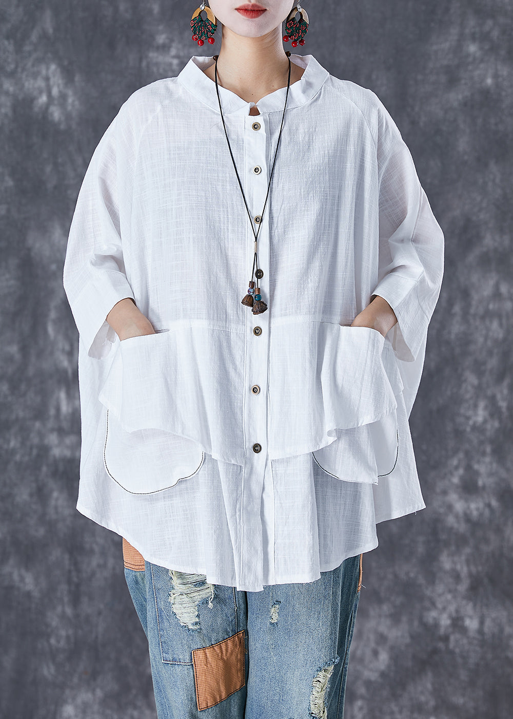 Print6 Stand Collar Patchwork Linen Shirt Tops Batwing Sleeve