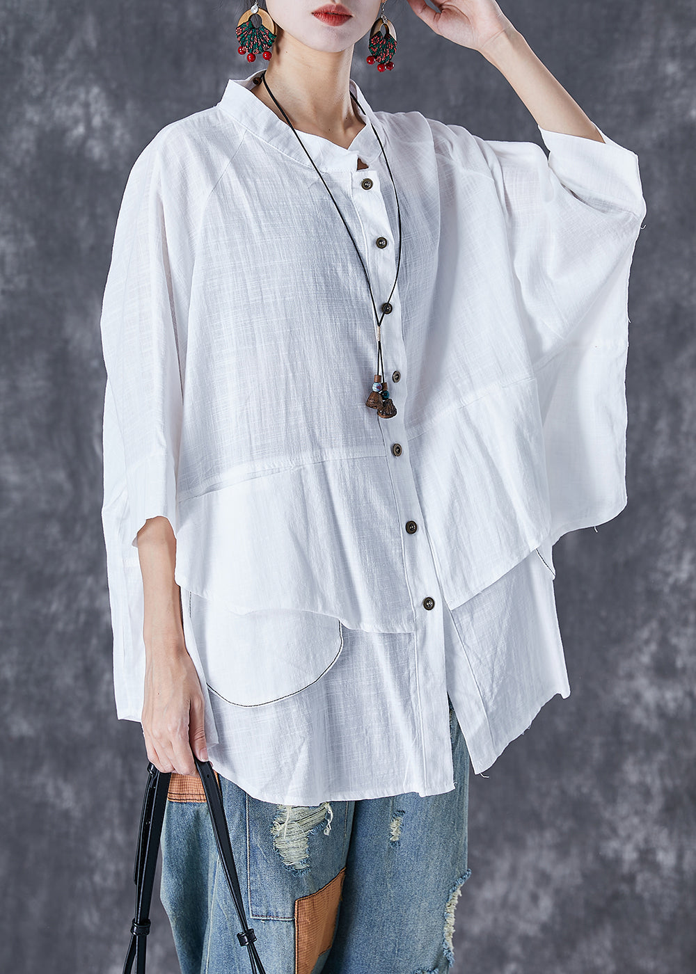 Print7 Stand Collar Patchwork Linen Shirt Tops Batwing Sleeve