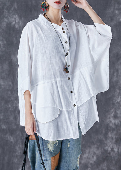 Print5 Stand Collar Patchwork Linen Shirt Tops Batwing Sleeve