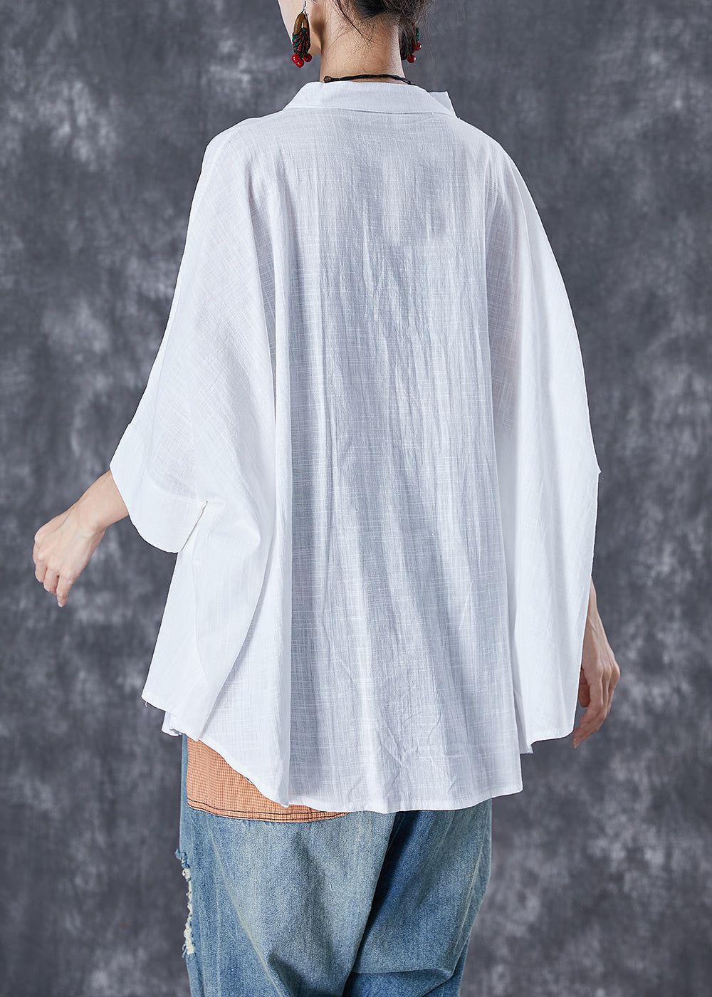 Print7 Stand Collar Patchwork Linen Shirt Tops Batwing Sleeve