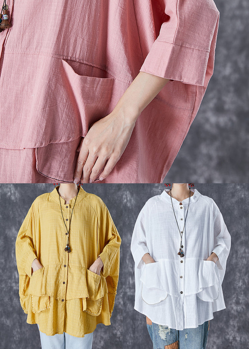 Gray-camouflage Stand Collar Patchwork Linen Shirt Tops Batwing Sleeve