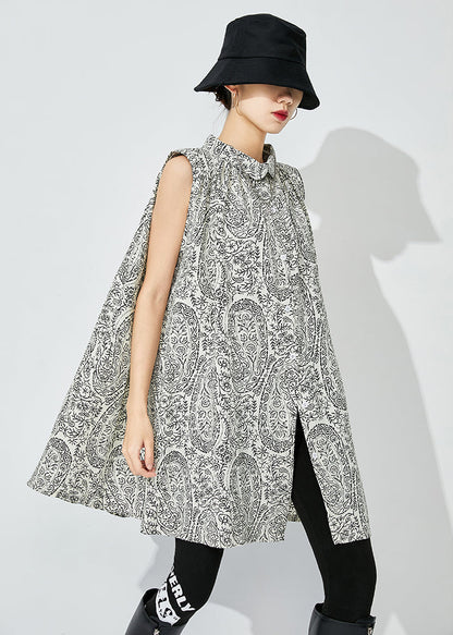 White Stand Collar Print Cotton Shirts Sleeveless