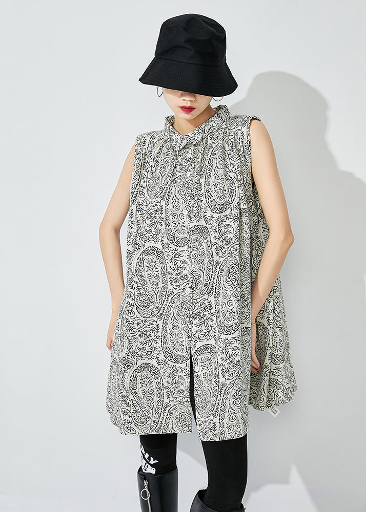 White Stand Collar Print Cotton Shirts Sleeveless