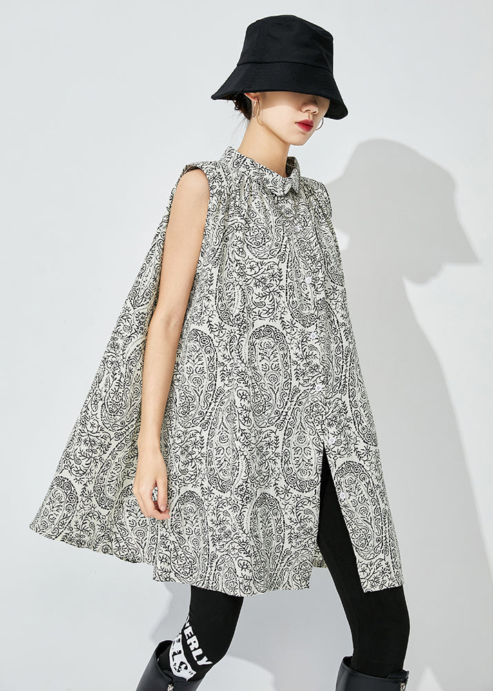 White Stand Collar Print Cotton Shirts Sleeveless