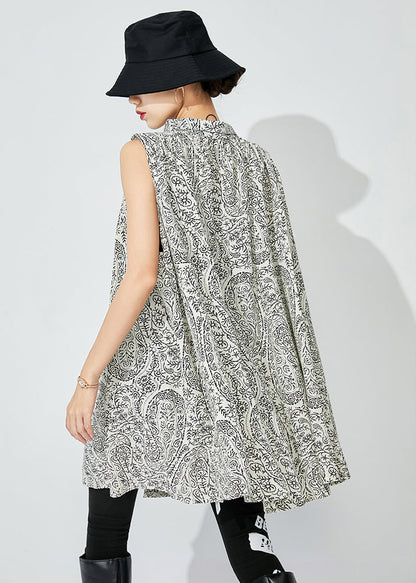 White Stand Collar Print Cotton Shirts Sleeveless