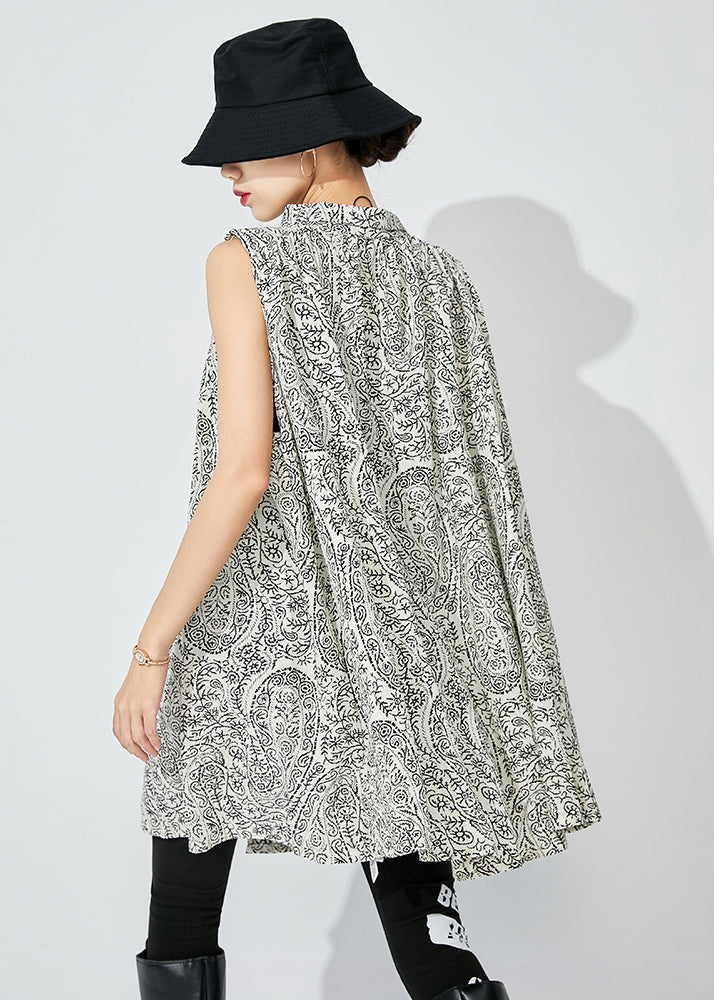 White Stand Collar Print Cotton Shirts Sleeveless