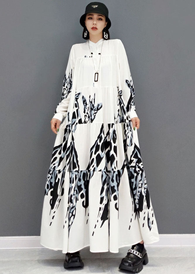 White Stand Collar Print Pleated Long Dresses Long Sleeve