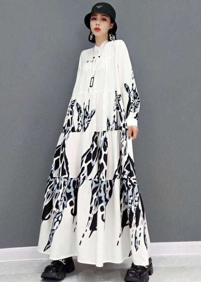 White Stand Collar Print Pleated Long Dresses Long Sleeve