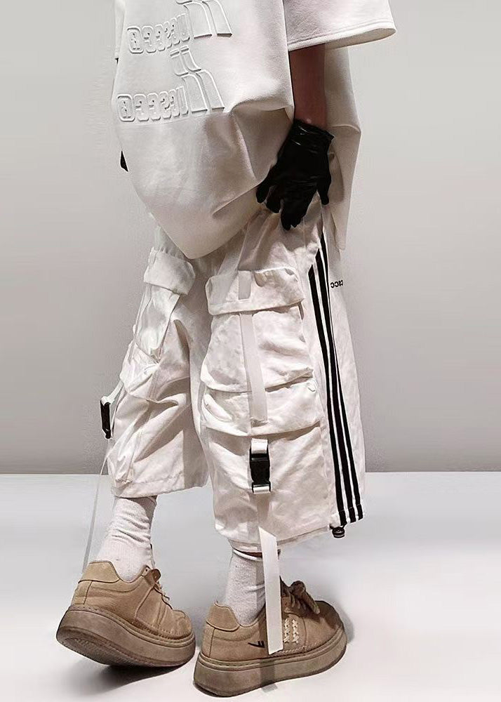 White Striped Pockets Cotton Shorts Summer
