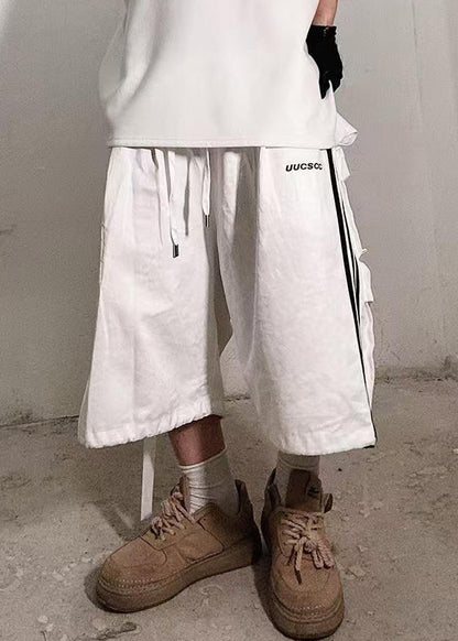 White Striped Pockets Cotton Shorts Summer