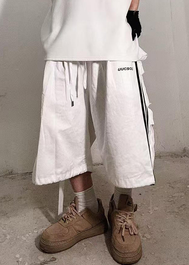 White Striped Pockets Cotton Shorts Summer