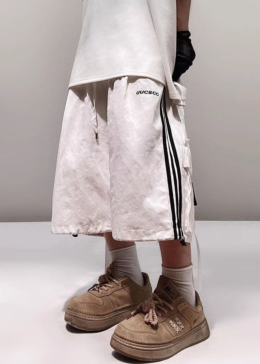 White Striped Pockets Cotton Shorts Summer