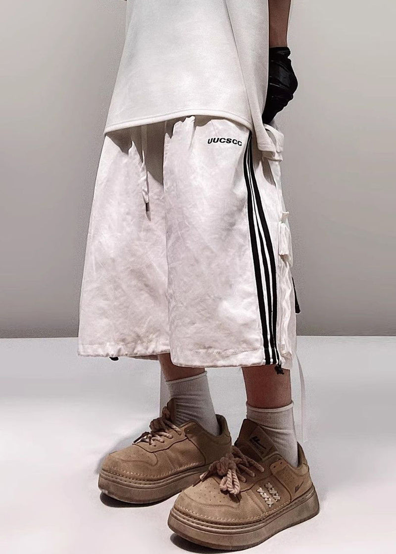White Striped Pockets Cotton Shorts Summer