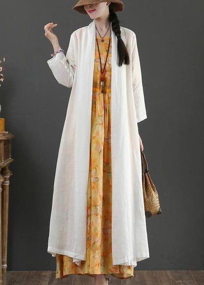 White Summer Linen Side Open Loose Coat Long
