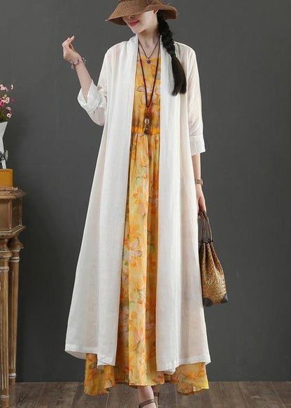 White Summer Linen Side Open Loose Coat Long