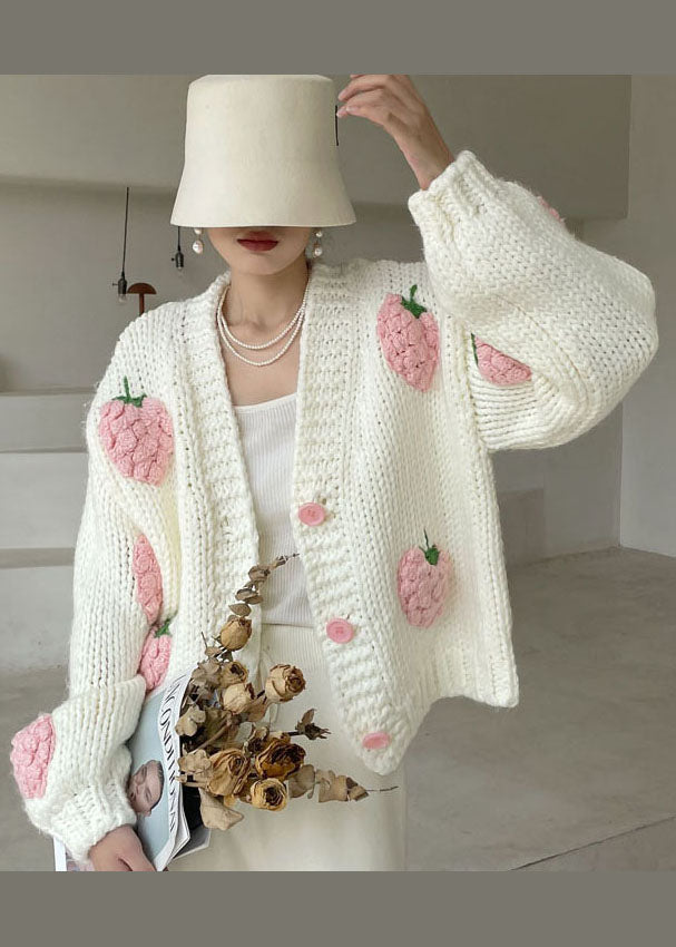 White V Neck Button Knit Sweater Winter Coat