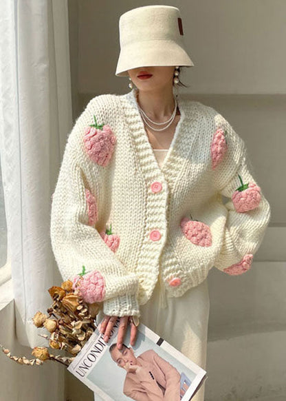 White V Neck Button Knit Sweater Winter Coat