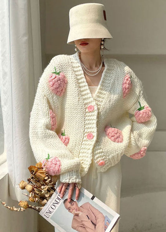 White V Neck Button Knit Sweater Winter Coat