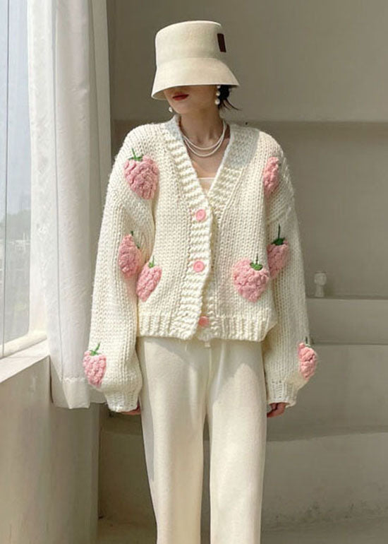 White V Neck Button Knit Sweater Winter Coat