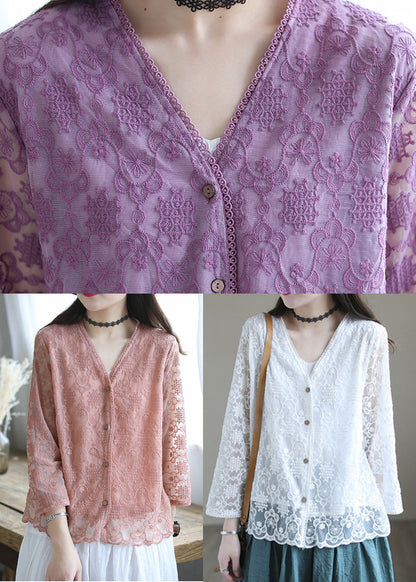 White V Neck Cotton Upf 50+ Cardigans Long Sleeve