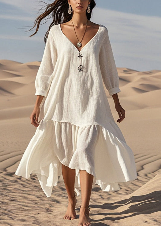 White V Neck Cotton Vacation Dresses Bracelet Sleeve