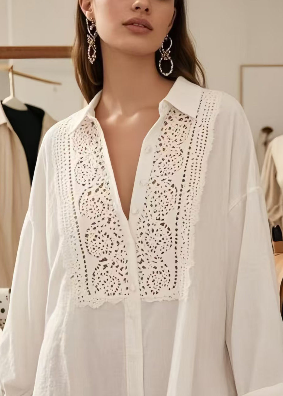 Plus Size White V Neck Hollow Out Cotton Shirts Spring