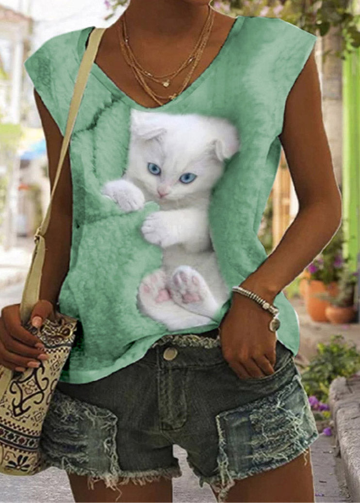White V Neck Little Rabbit Print Vest Summer