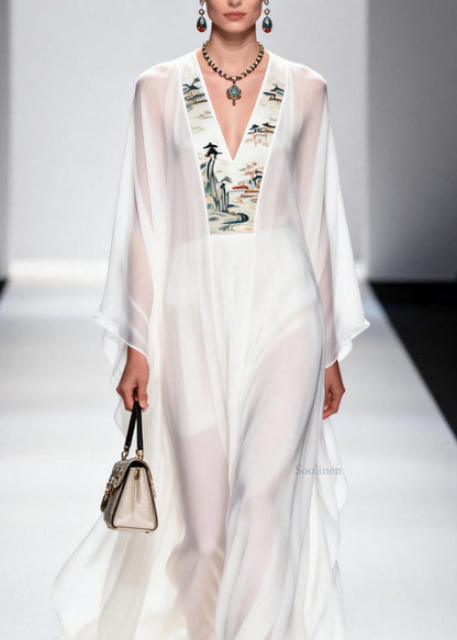 White V Neck Patchwork Chiffon Long Dresses Spring