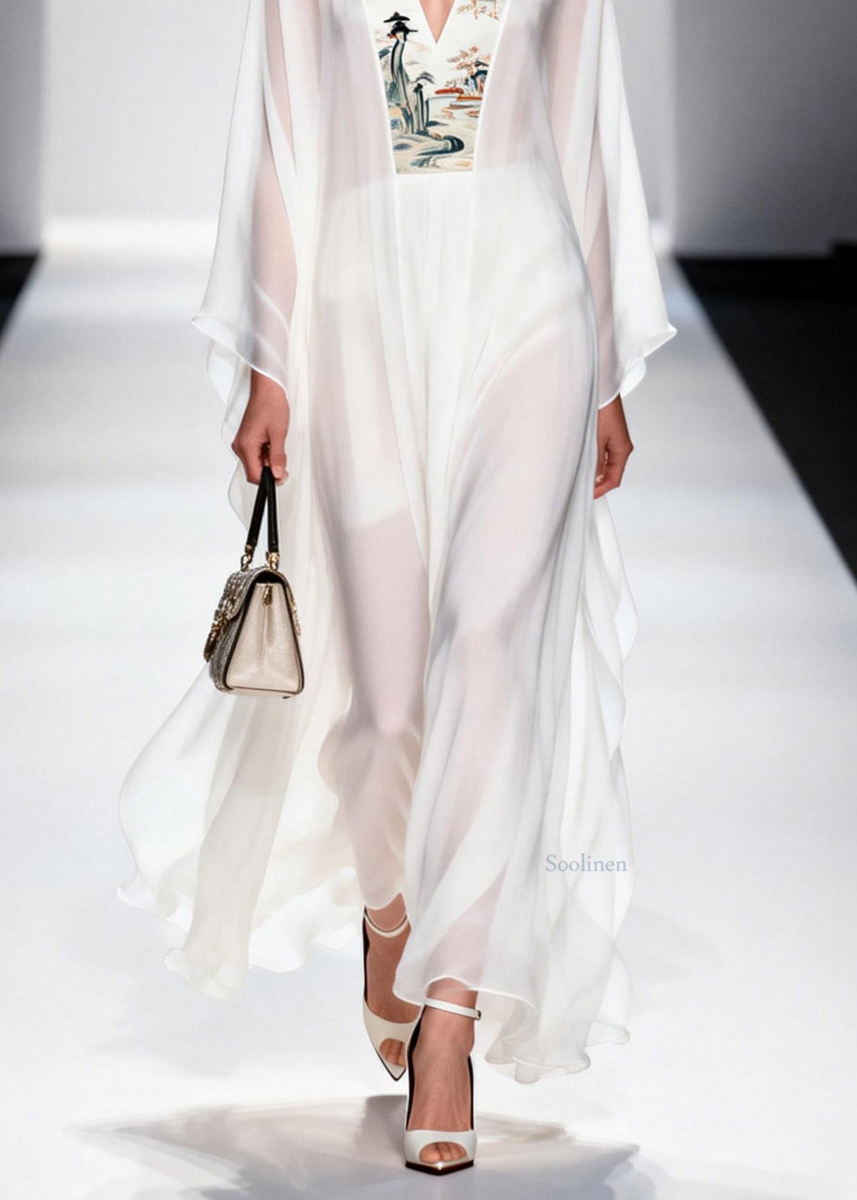 White V Neck Patchwork Chiffon Long Dresses Spring